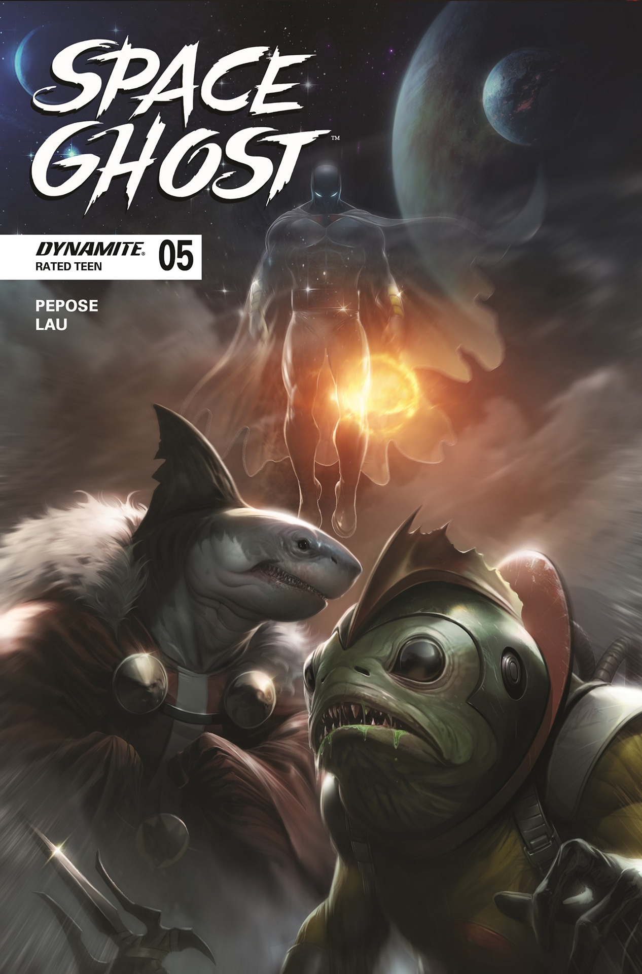 Space Ghost ominously floating over his villains while invisible on Francesco Mattina&#039;s cover of Space Ghost #5