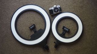 Lume Cube Ring Light Pro size comparison with the Lume Cube Ring Light Mini (with an Olympus OM-D E-M5 Mark III for scale)