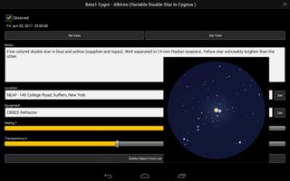 The SkySafari 5 app includes functions to create observing lists and log observations, including the date, time, location, equipment used and sky conditions.