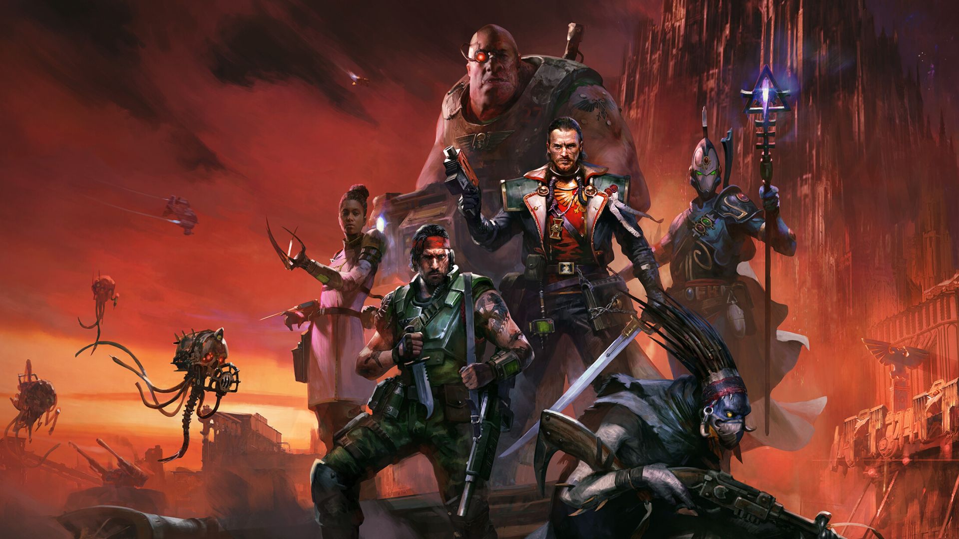 An inquisitor surrounded by his retinue, including an ogryn, a kroot, and an aeldari