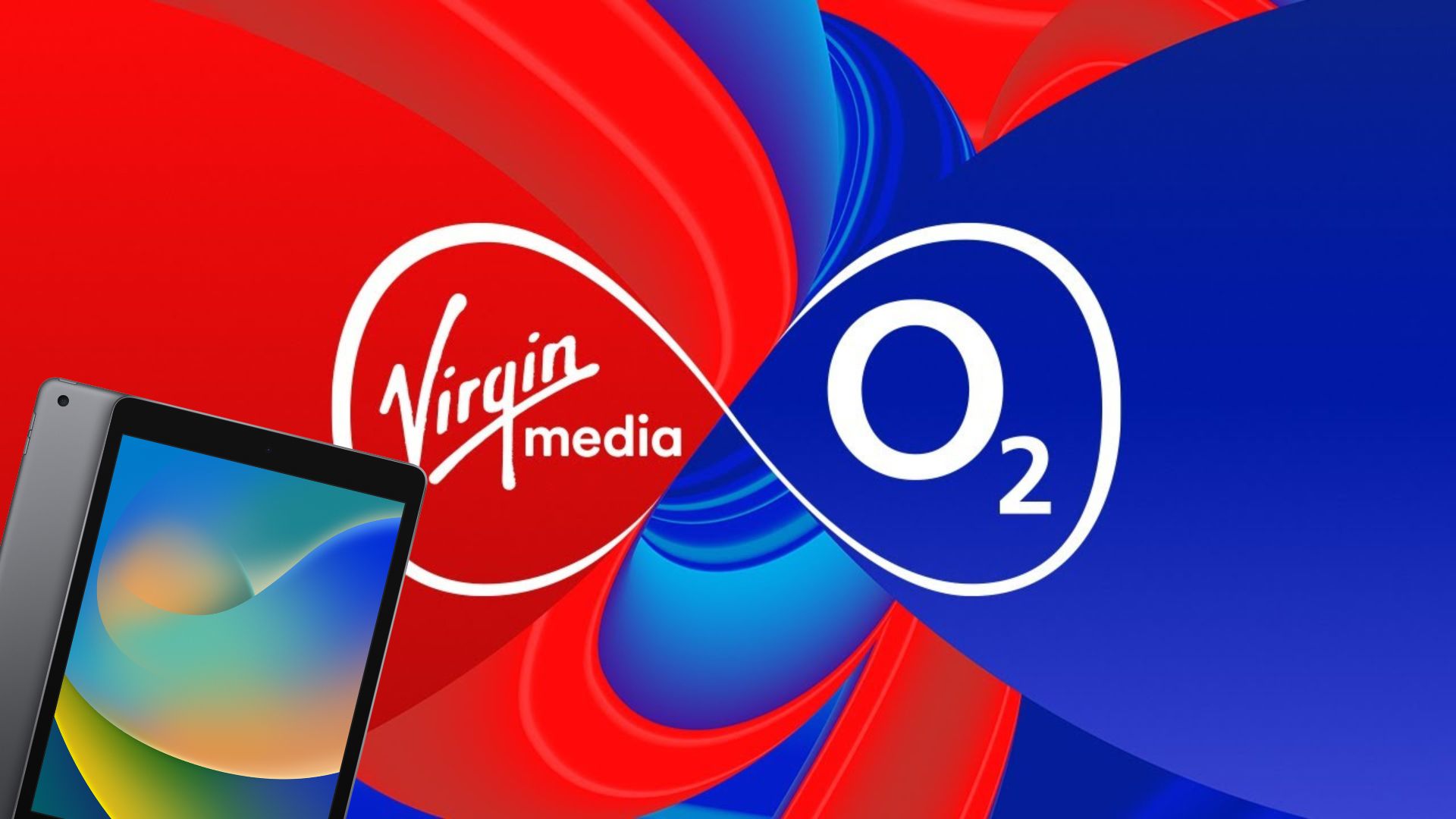 An iPad peeking out of the corner over the Virgin Media O2 logo