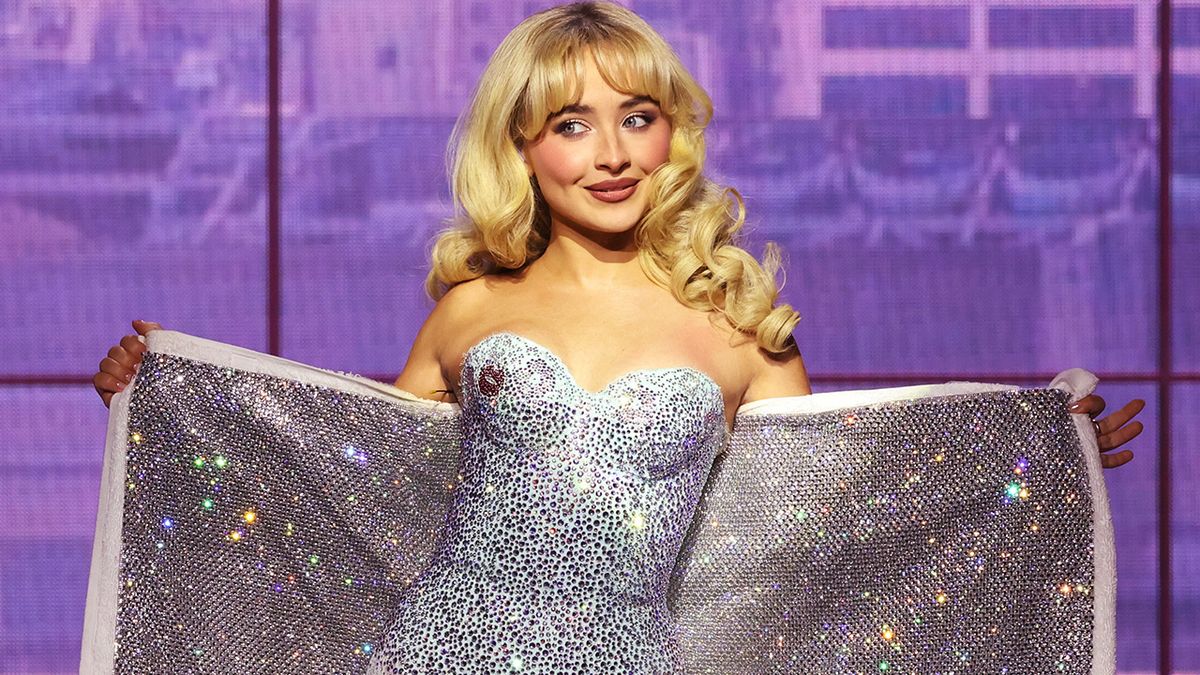 Sabrina Carpenter performing in silver corset during her Short N&#039; Sweet tour.