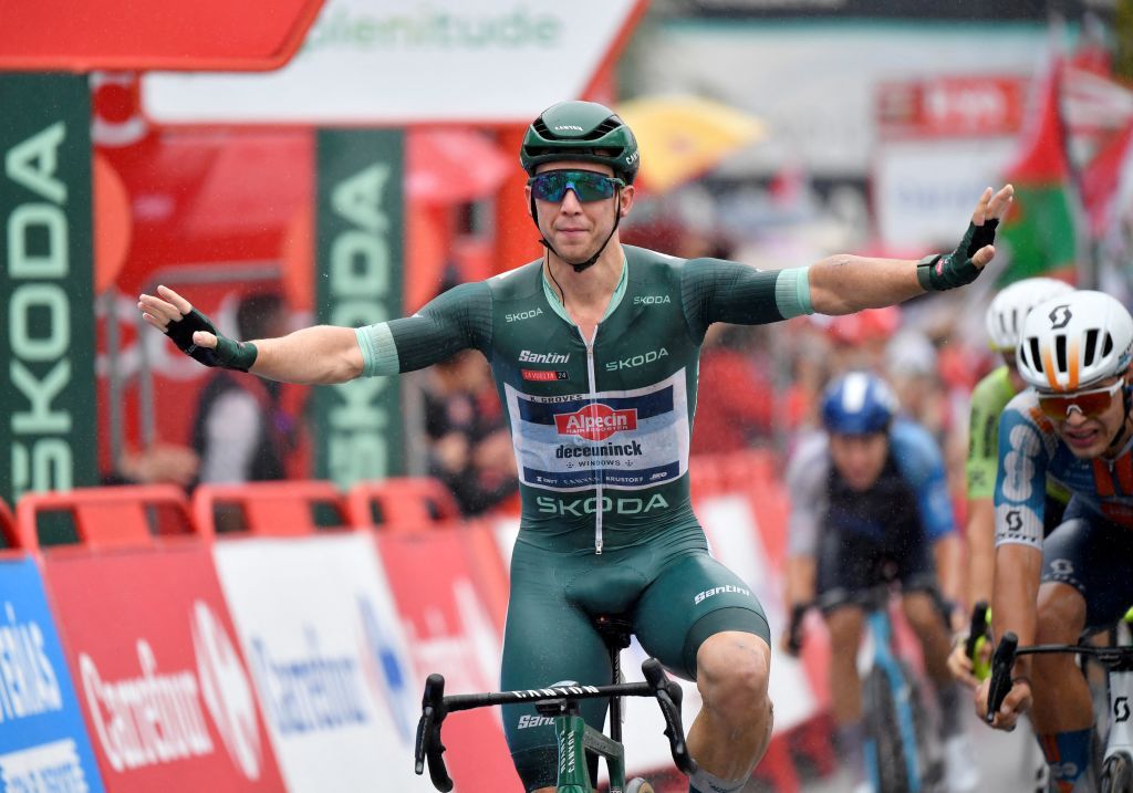 Team Alpecin's Kaden Groves celebrates crossing first the finish line of the stage 17 of the Vuelta a Espana, a 141,5 km race between Arnuero and Santander, on September 4, 2024. (Photo by Ander Gillenea / AFP)
