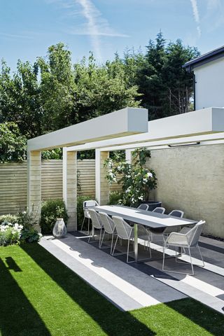 modern pergola over a dining space