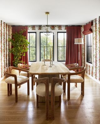 A dining room with vintage chairs