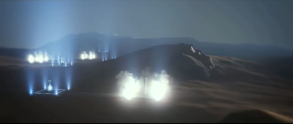 A still from a SpaceX video animation of the company's Starship rocket and Super Heavy booster launching astronauts to Mars, a trip that includes orbital refilling and booster landings.