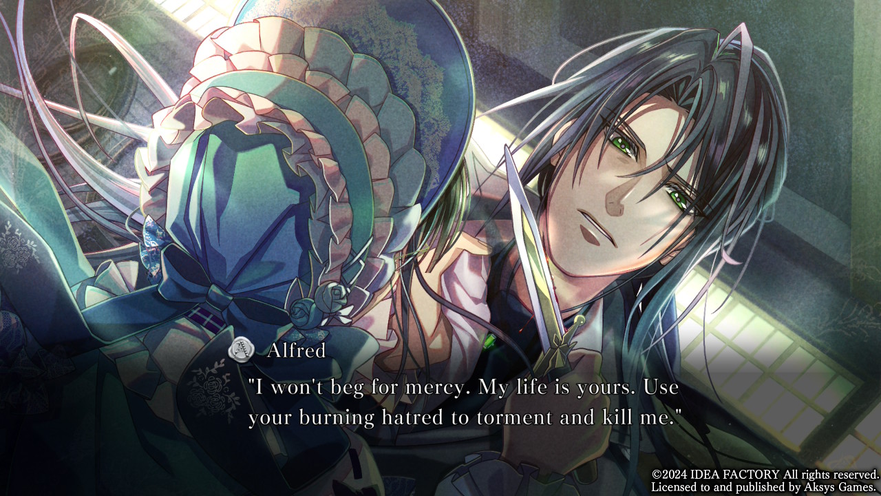 The protagonist holds a knife to Alfred's throat in Mistonia's Hope: The Lost Delight, who says he won't beg for mercy and gives her his life