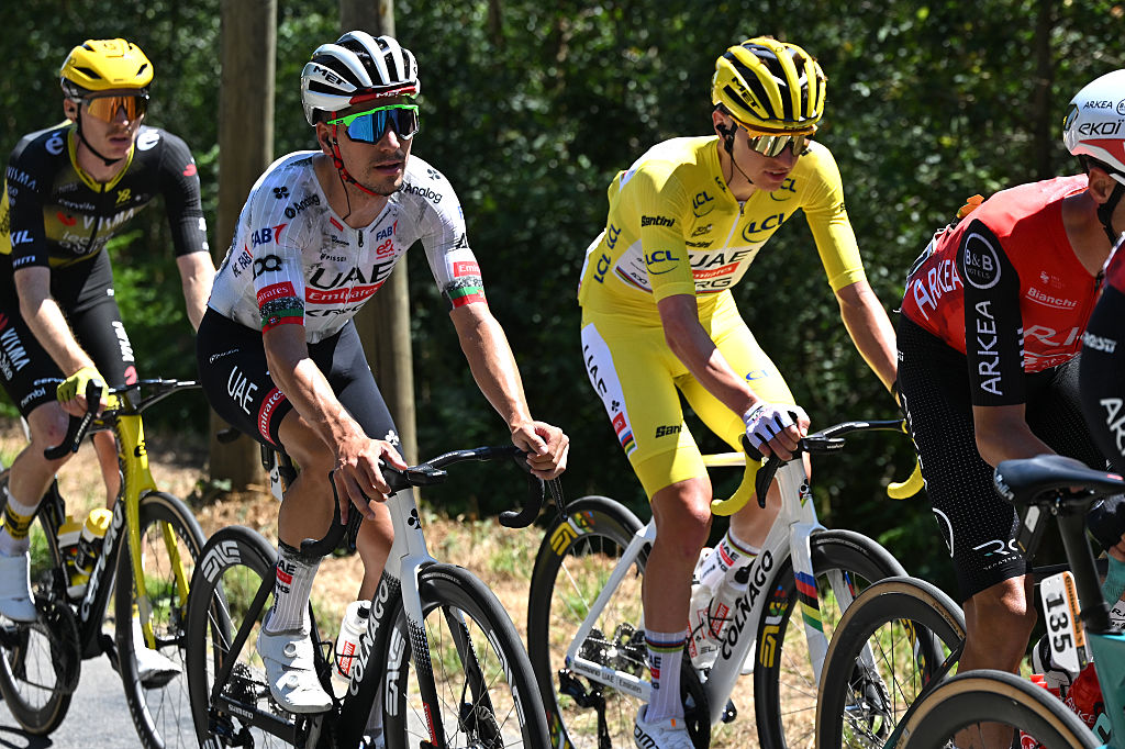 VIRE NORMANDIE, FRANCE - JULY 10: (L-R) Joao Almeida of Portugal and Tadej Pogacar of Slovenia and UAE Team Emirates - XRG - Yellow leader jersey compete during the 112th Tour de France, Stage 6 a 201.5km stage from Bayeux to Vire Normandie / #UCIWT / on July 10, 2025 in Vire Normandie, France. (Photo by Tim de Waele/Getty Images)