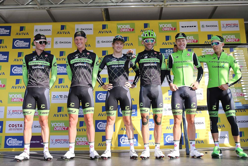 Cannondale-Garmin on stage before the start of stage 3.