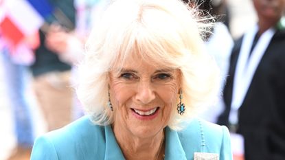 Queen Camilla's turquoise outfit seen as arrives at the Town hall on September 22, 2023 in Bordeaux, France