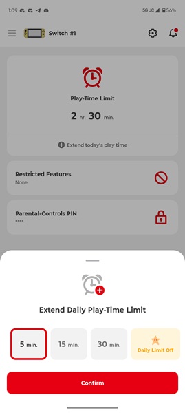 The Nintendo Parental Control app lets parents easily extend their child's Switch play time by five, fifteen, or thirty minutes with the option to disable the limit entirely, too.