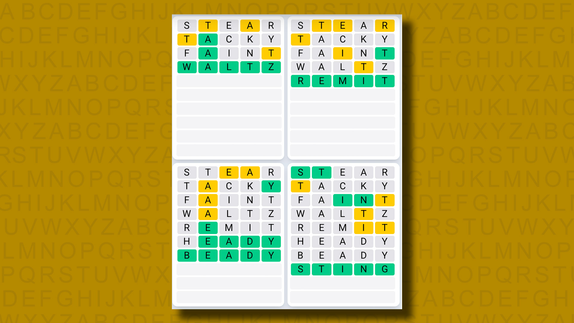 Quordle Daily Sequence answers for game 1212 on a yellow background