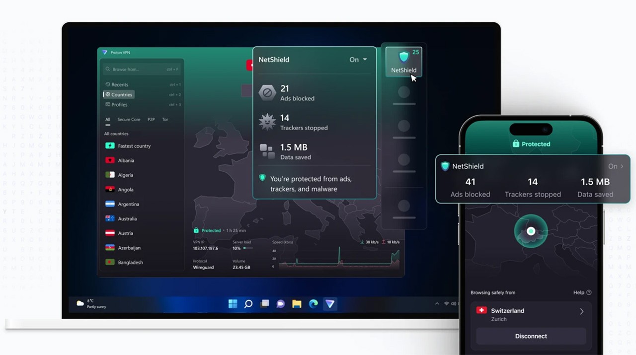 Proton VPN's NetShield threat protection displayed on a laptop and smartphone