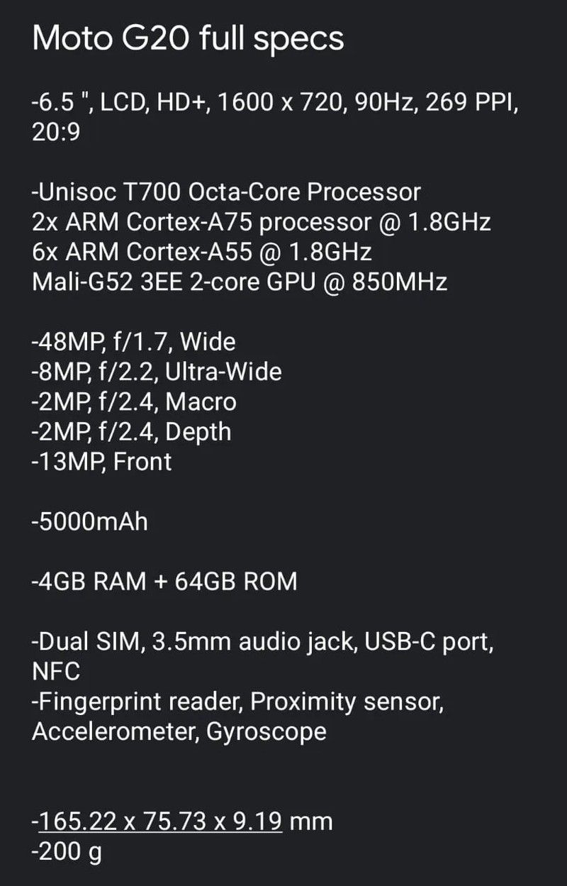 Moto G20 Specs