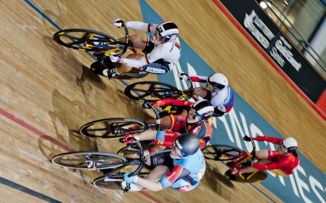Kristina Vogel (Germany) leads in her Keirin heat, attempting to win the 3 Women's Sprint disciplines