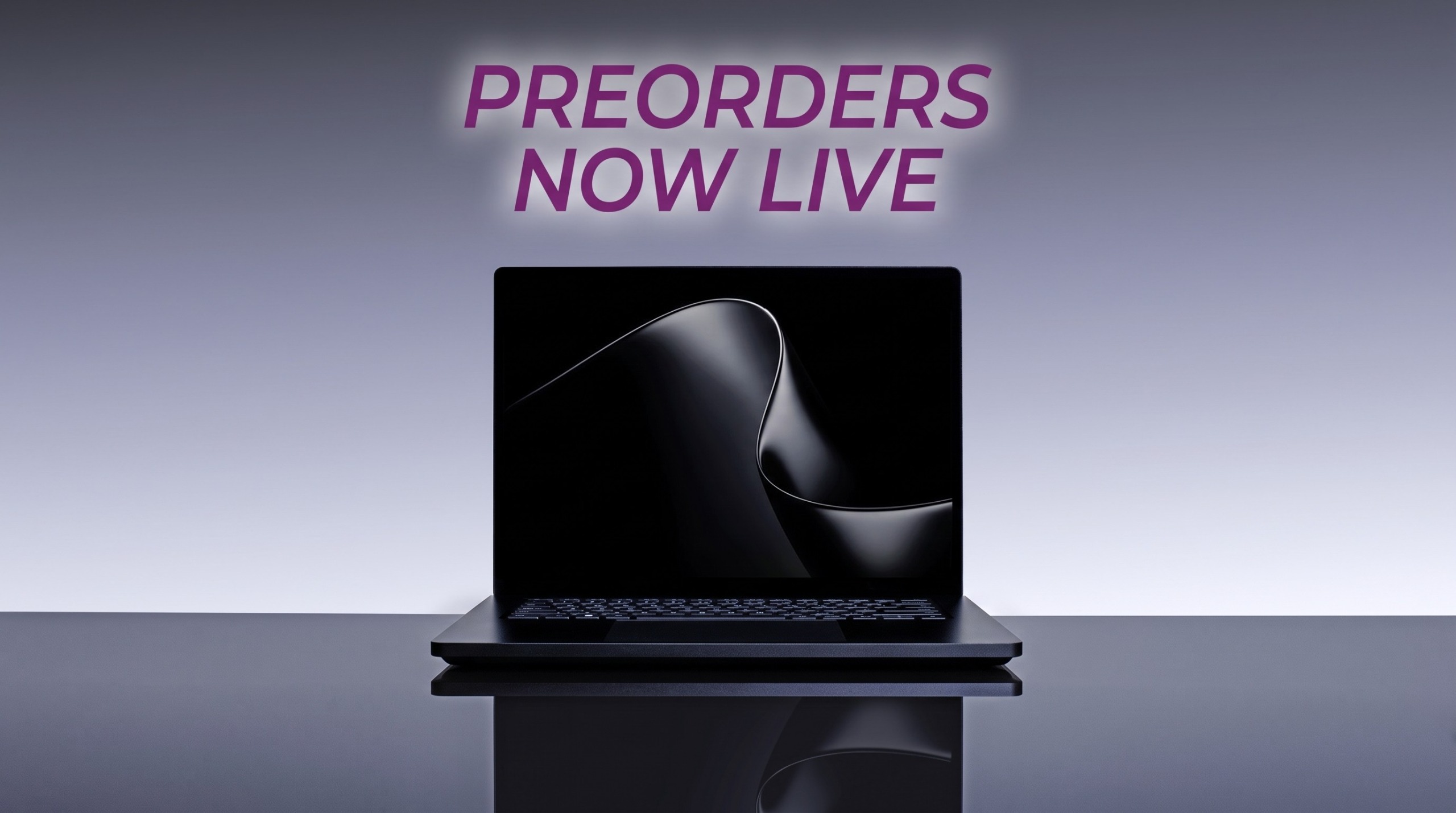 A sleek Surface Laptop Ultra sits open on a reflective surface against a gray studio backdrop, its screen displaying an abstract dark wave for a modern, minimalist feel.