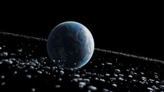 Artist's impression of Earth with a temporary ring system, consisting of debris from a passing asteroid torn apart by our planet.