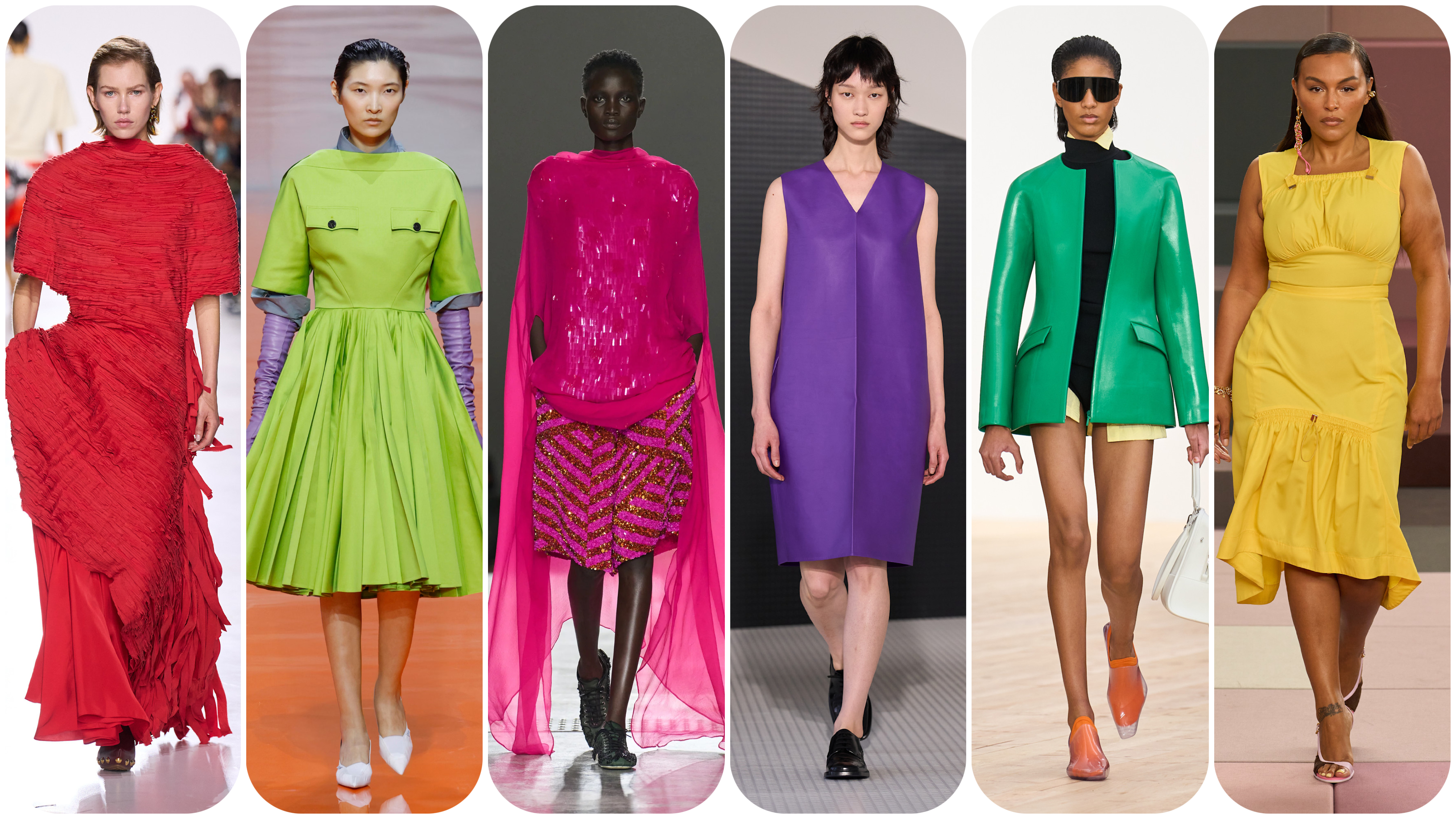 the red, lime green, magenta, purple, emerald green, and yellow spring 2026 color trends at Bottega Veneta, Prada, Dries Van Noten, Jil Sander, Loewe, and Fendi Spring 2026