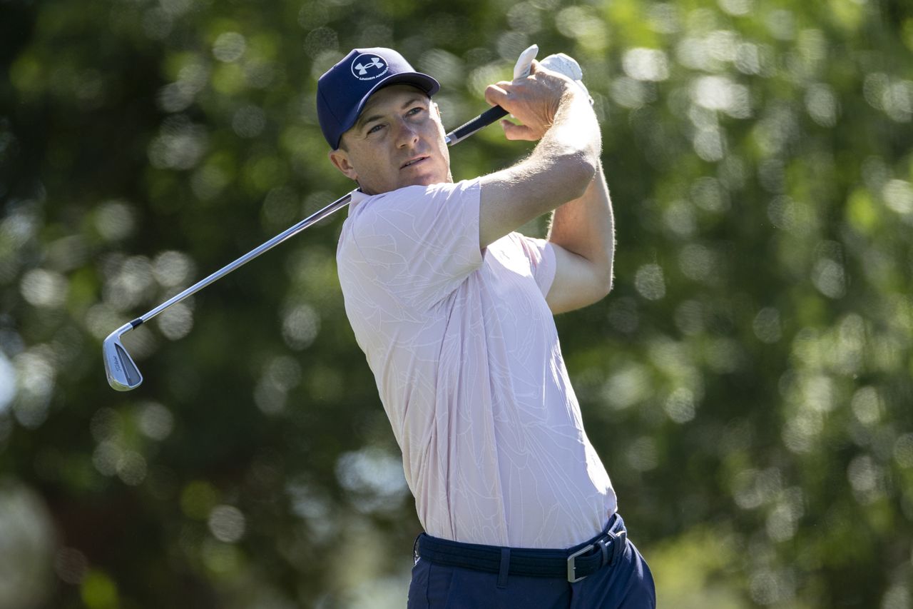 Jordan Spieth plays a stroke from the fourth tee during the second round of The Masters at Augusta National Golf Club