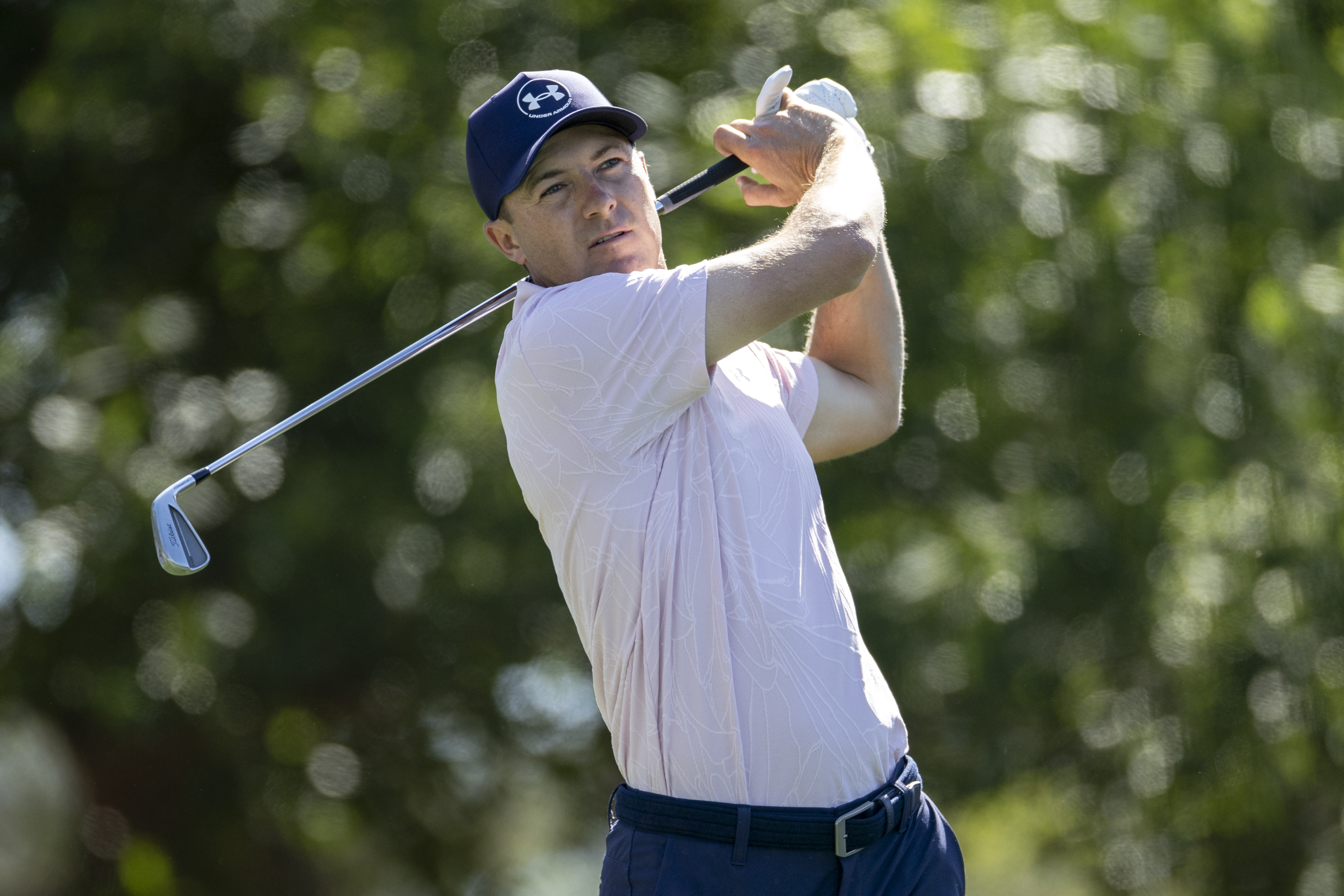 Jordan Spieth plays a stroke from the fourth tee during the second round of The Masters at Augusta National Golf Club