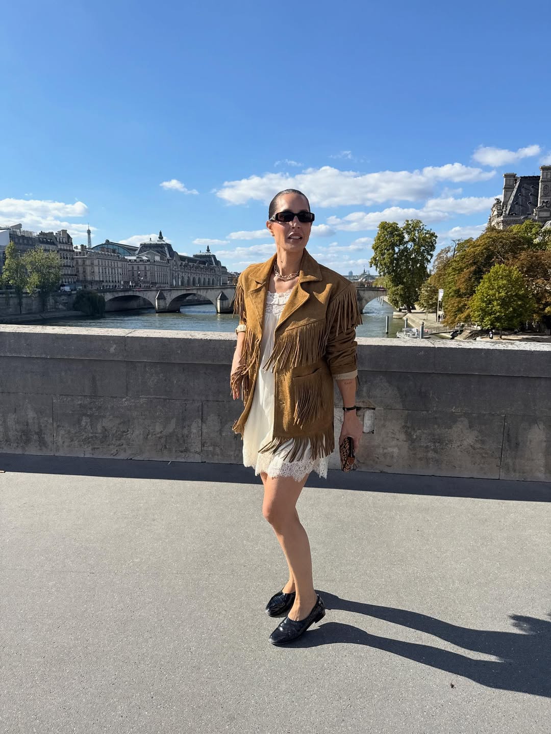 Pia Baroncini wearing a suede fringe jacket