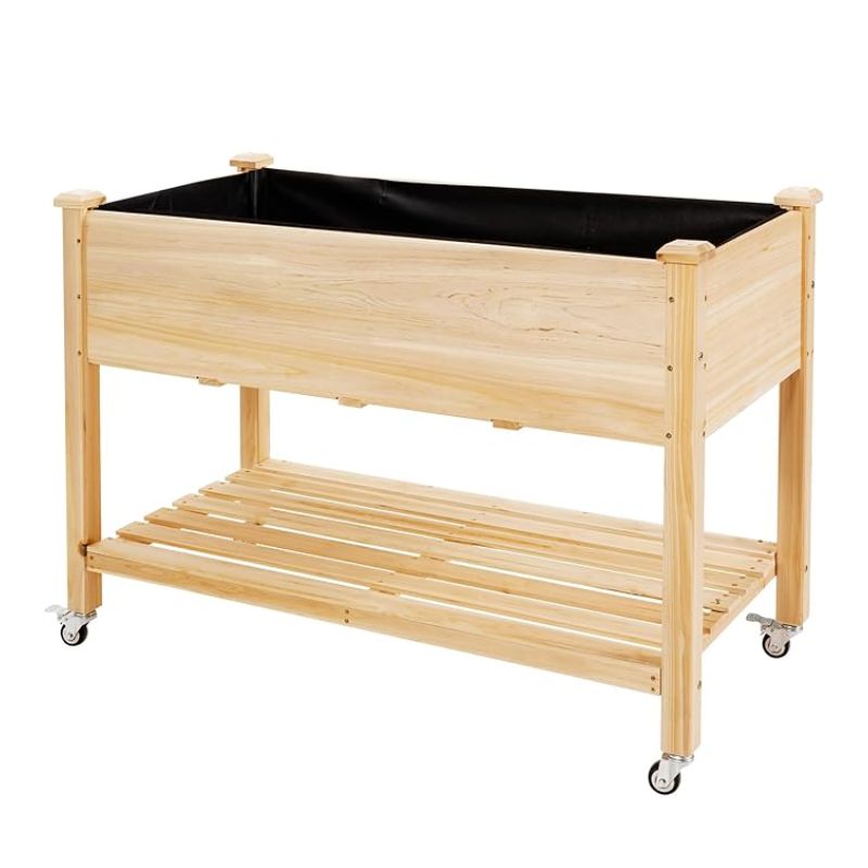 wooden wheeled planter with shelf