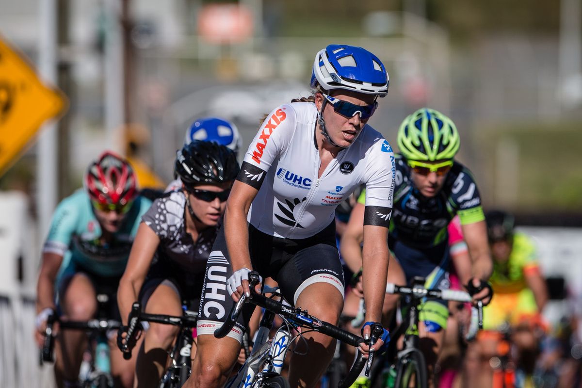 Rushlee Buchanan (UnitedHealthcare) leads the peloton.