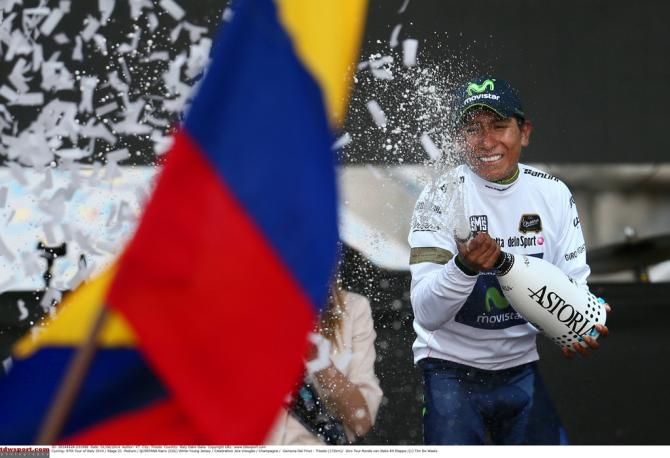 Nairo Quintana (Movistar) celebrates the white jersey victory