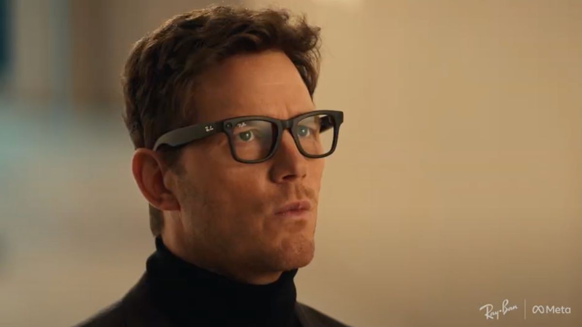 Chris Pratt looking confused while wearing Ray-Ban Meta smart glasses in Meta&#039;s Super Bowl 2025 commercial, with &quot;Ray-Ban | Meta&quot; labeled in the bottom corner.