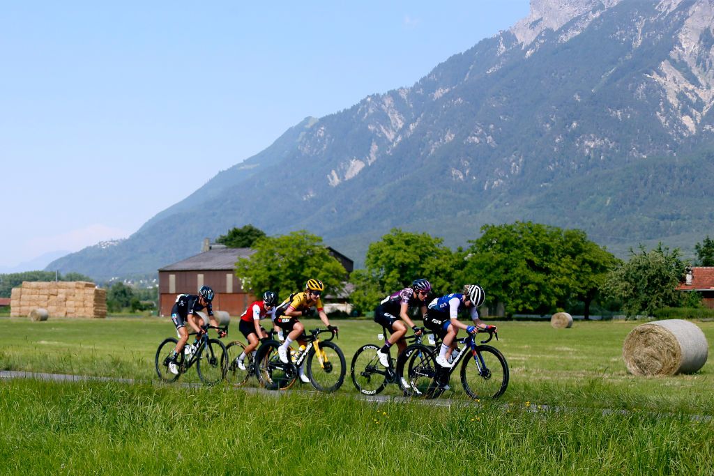 CHUR SWITZERLAND JUNE 20 La Curinier of France and Team DSM Stine Borgli of Norway and Team FDJ NouvelleAquitaine Futuroscope Amber Kraak of The Netherlands and Team JumboVisma Quinty Ton of The Netherlands and Team Liv Racing Xstra and Sina Frei of Switzerland and Team Swiss Cycling competing in the breakaway through Sevelen during the 2nd Tour de Suisse Women 2022 Stage 3 a 1242km stage from Vaduz to Chur on June 20 2022 in Chur Switzerland Photo by Heinz ZwickyGetty Images