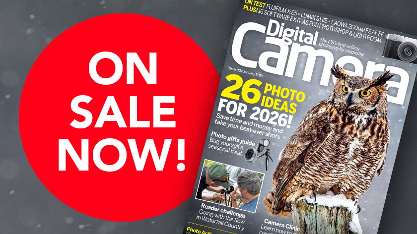 Front cover of issue 302 (January 2026) of Digital Camera magazine and a red blob that reads 'On sale now!'