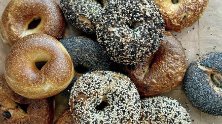 A top-down photo of several bagels.