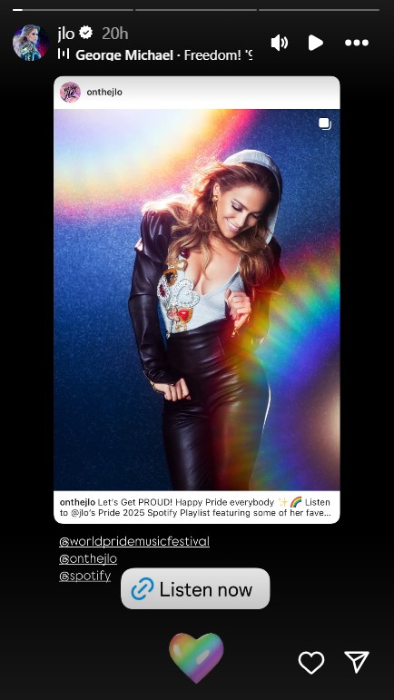 JLo honors the start of Pride Month by reminding fans she has a 2025 Pride playlist on Spotify.