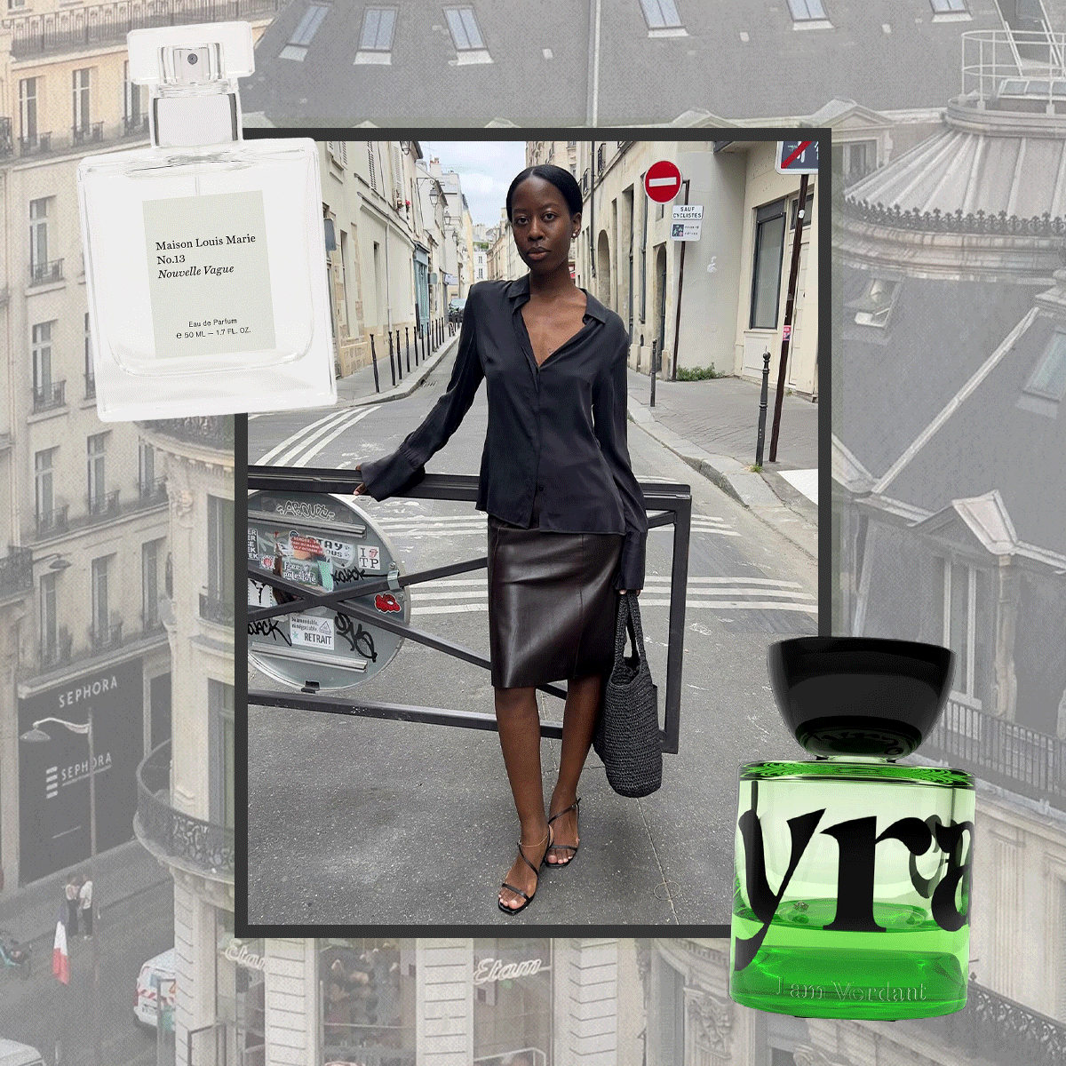 A collage of women wearing transitional weather outfits with different perfume overlays.