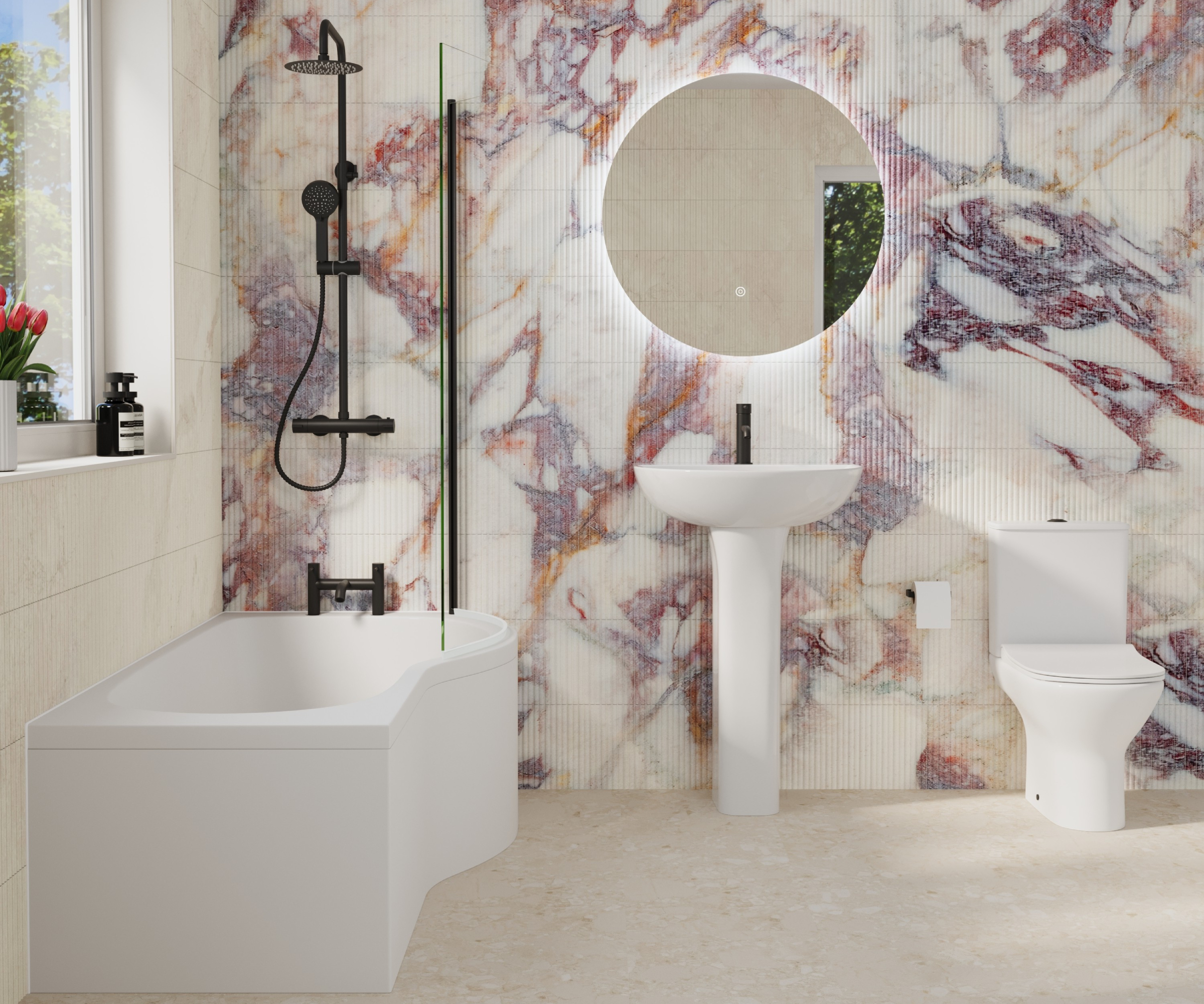 P shaped bath in bathroom with pink and white marble effect tiling