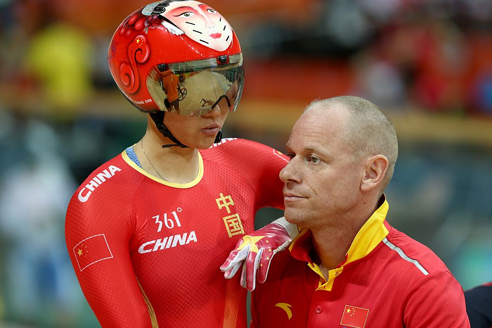 Tianshi Zhong of China prepares to compete in the Women's Keirin First Round on Day 8 of the Rio 2016 Olympic Games