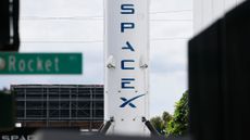 A SpaceX Falcon 9 rocket is displayed at a SpaceX facility on April 2, 2026 in Hawthorne, California.