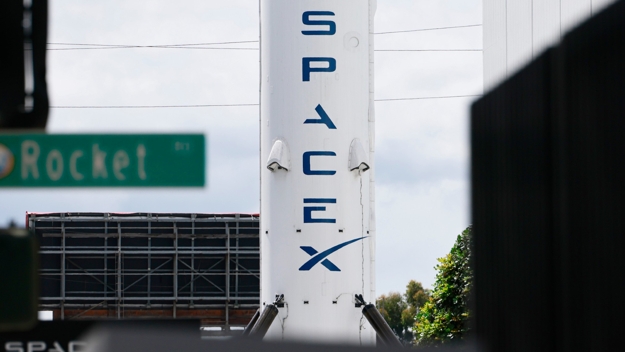 A SpaceX Falcon 9 rocket is displayed at a SpaceX facility on April 2, 2026 in Hawthorne, California.