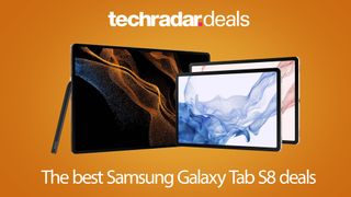Three Samsung Galaxy Tab 8 tablets on an orange background. TechRadar deals logo above and the best Samsung Galaxy Tab S8 deals text below