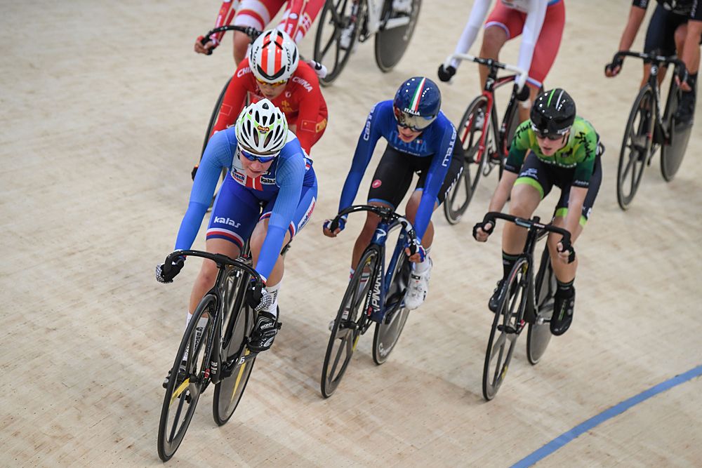 Cyclists compete in the women's Omnium Tempo race 2/4 during the Tissot UCI Track Cycling World Cup