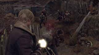 Resident Evil 4 demo firing TMP at crowd of Ganados in the village