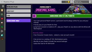 Minecraft menu options for Realms