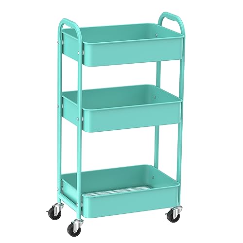 Max Houser 3-Tier Rolling Utility Cart With Caster Wheels,easy Assembly, for Kitchen, Bathroom (turquoise)