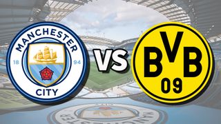 The Manchester City and Borussia Dortmund club badges on top of a photo of the Etihad Stadium in Manchester, England