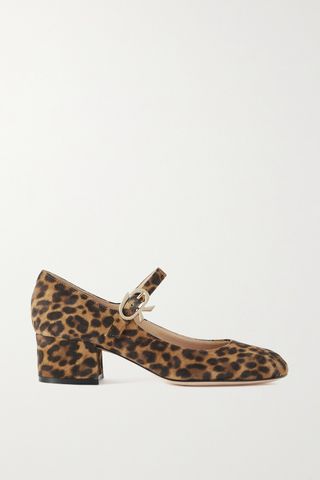 Mary Ribbon 45 Leopard-Print Suede Mary Jane Pumps