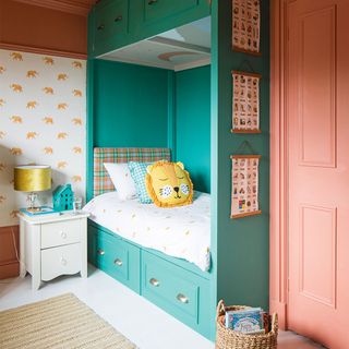 kids bedroom with green built in bunk bed