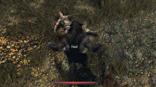 Skyrim screenshot of werewolf readying to feed on a bandit