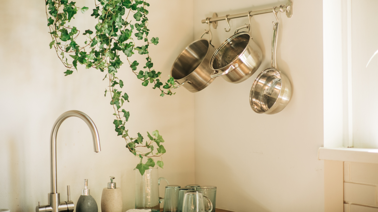 Stainless steel pans in a clean kitchen