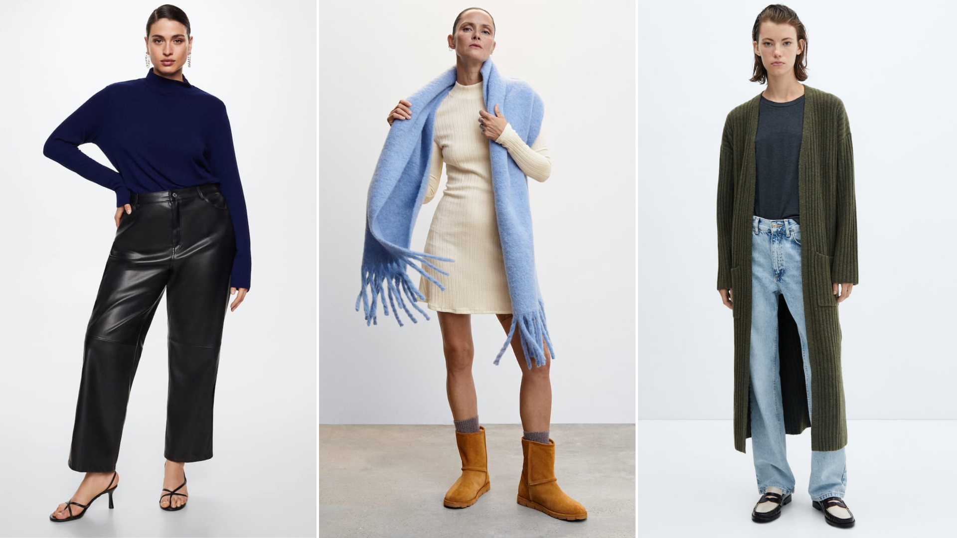Split image of mango ribbed long sleeve t-shirt, short knitted dress, and cardigan with patch pockets