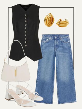 Collage of waistcoat, jeans, bag, heels, earrings
